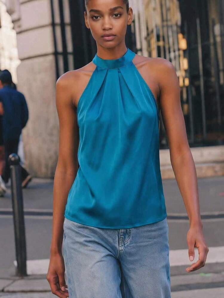 Teal Satin Halter Top with Pleating and Straight Leg Jeans — Satin Top Outfits