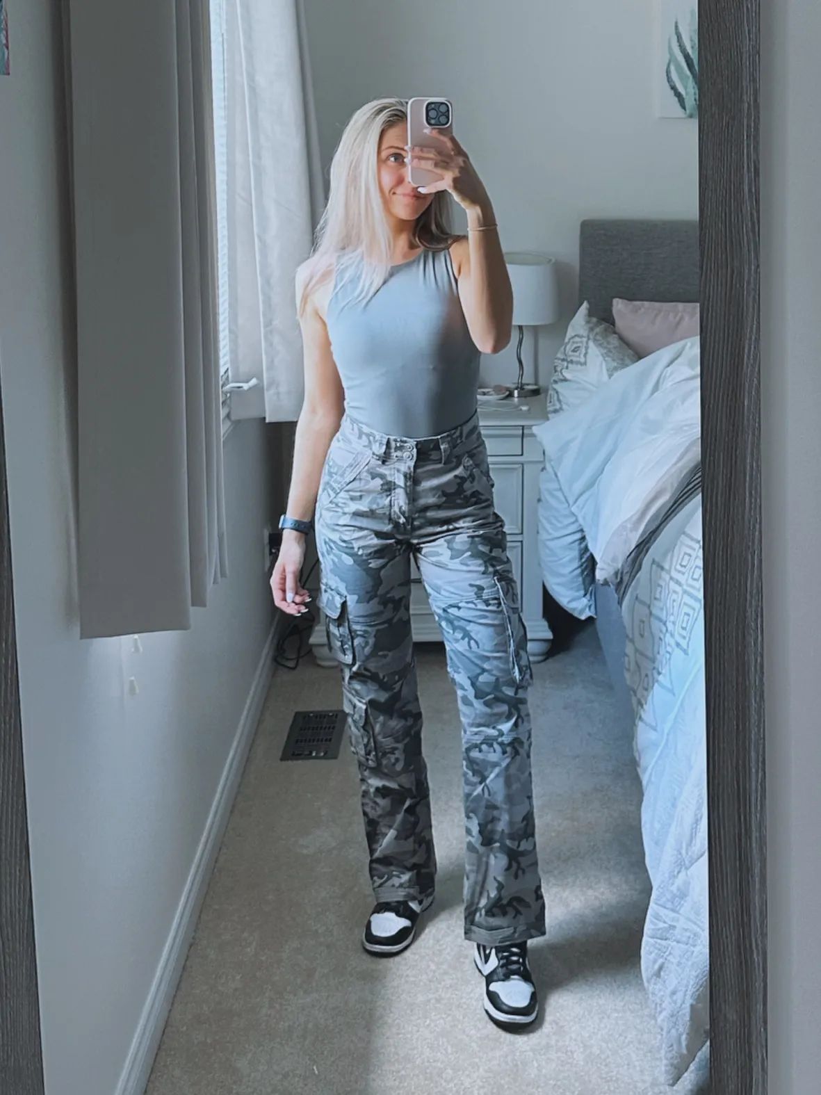 Camouflage Cargo Pants with Grey Bodysuit and Dunks Camouflage Cargo Pants with Grey Bodysuit and Dunks — Nike Dunk Outfits