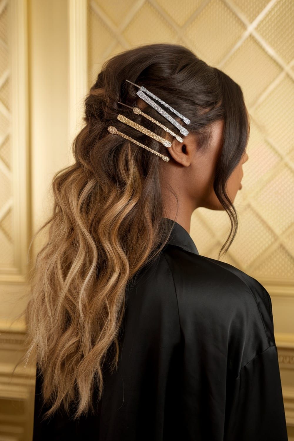 Dark Brown Base With Warm Blonde Ombre Visual Idea Dark Brown Base With Warm Blonde Ombre Visual Idea — Half Up Half Down with Bangs