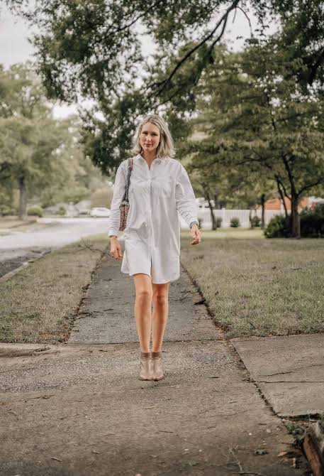 Classic White Cotton Shirt Dress with Ankle Boots Classic White Cotton Shirt Dress with Ankle Boots — Shirt Dresses