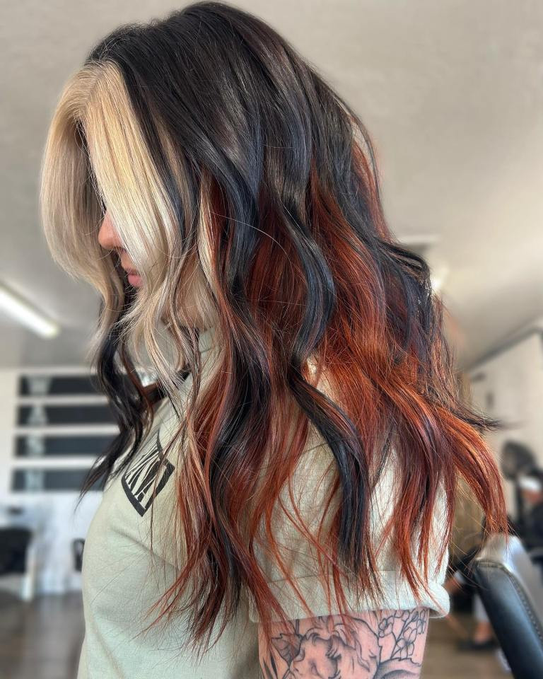Black Base With Copper And Blonde Panels Visual Idea Black Base With Copper And Blonde Panels Visual Idea — Calico Hair