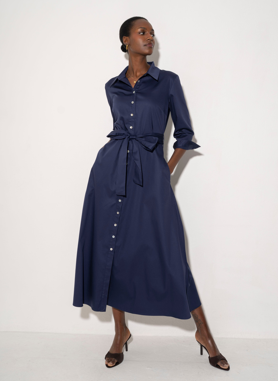 Navy Blue Cotton Poplin Shirt Dress with Self-Tie Belt — Work Dresses