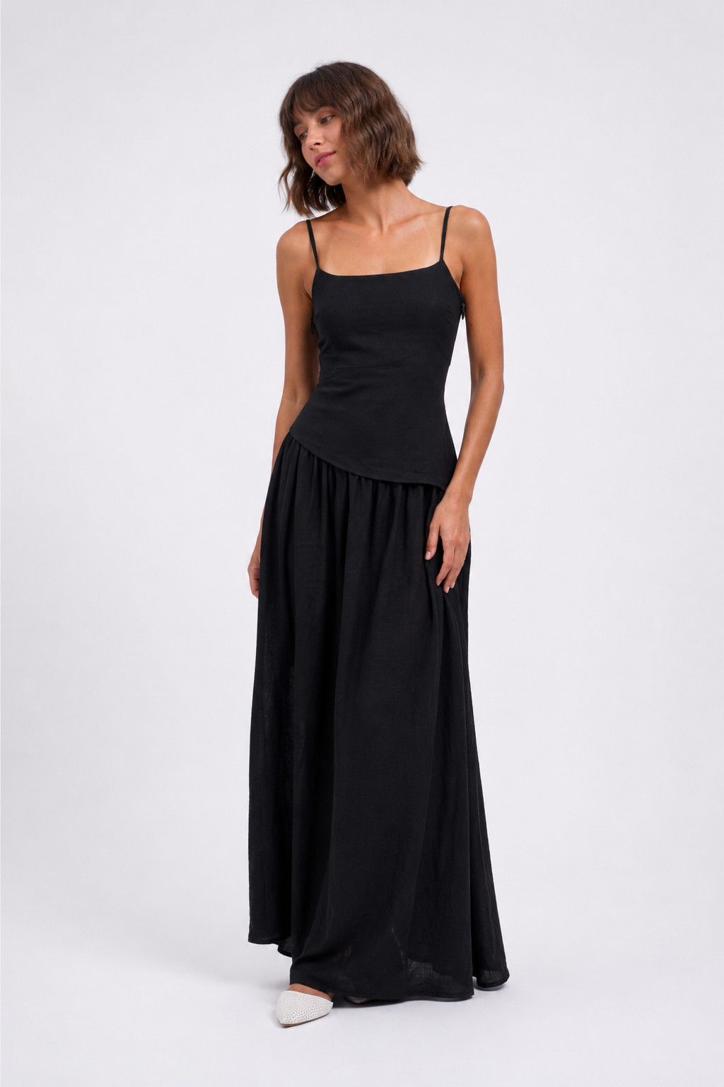 Black Linen Spaghetti Strap Drop Waist Maxi Dress Black Linen Spaghetti Strap Drop Waist Maxi Dress — Drop Waist Dresses