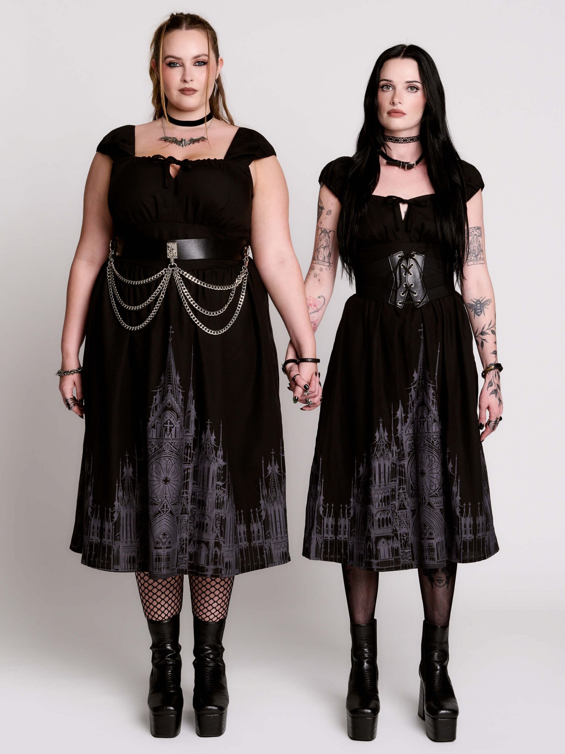 Gothic Print Dress with Lace Trim and Platform Boots — Dark Feminine Outfits