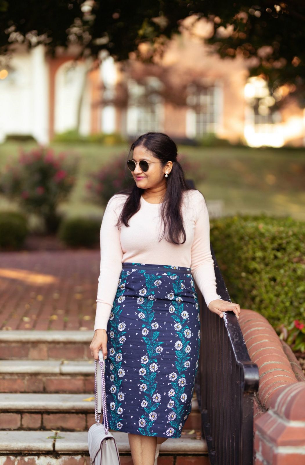 Navy Floral Print Pencil Skirt with Pink Sweater — Pencil Skirt Outfits