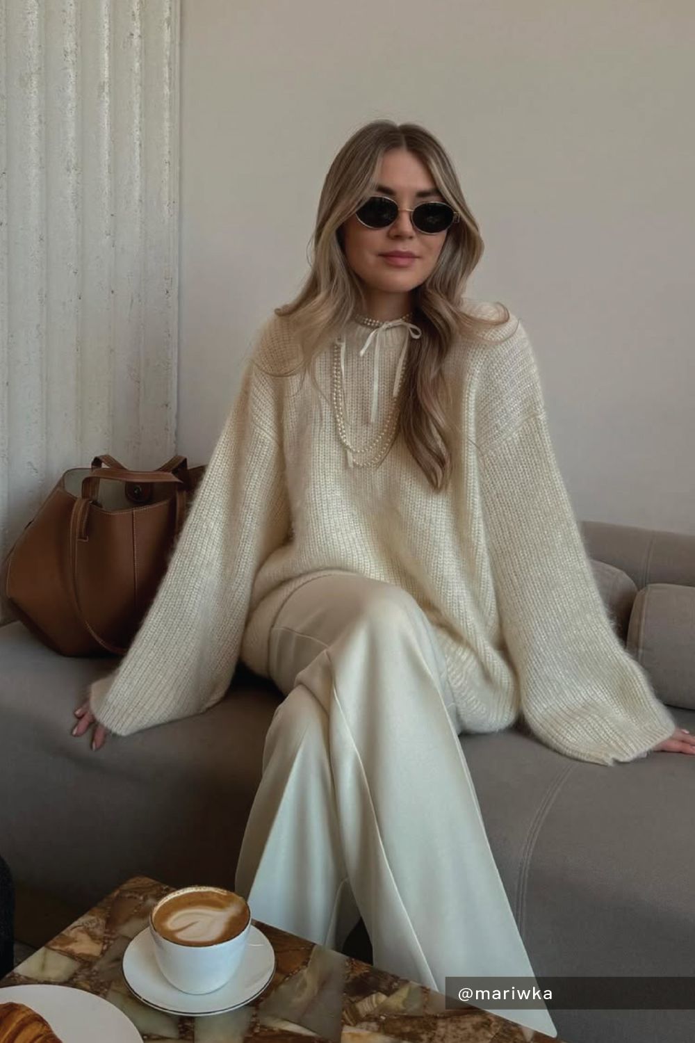 Cream Oversized Sweater and Satin Pants for a Chic Date Cream Oversized Sweater and Satin Pants for a Chic Date — Coffee Date Outfits