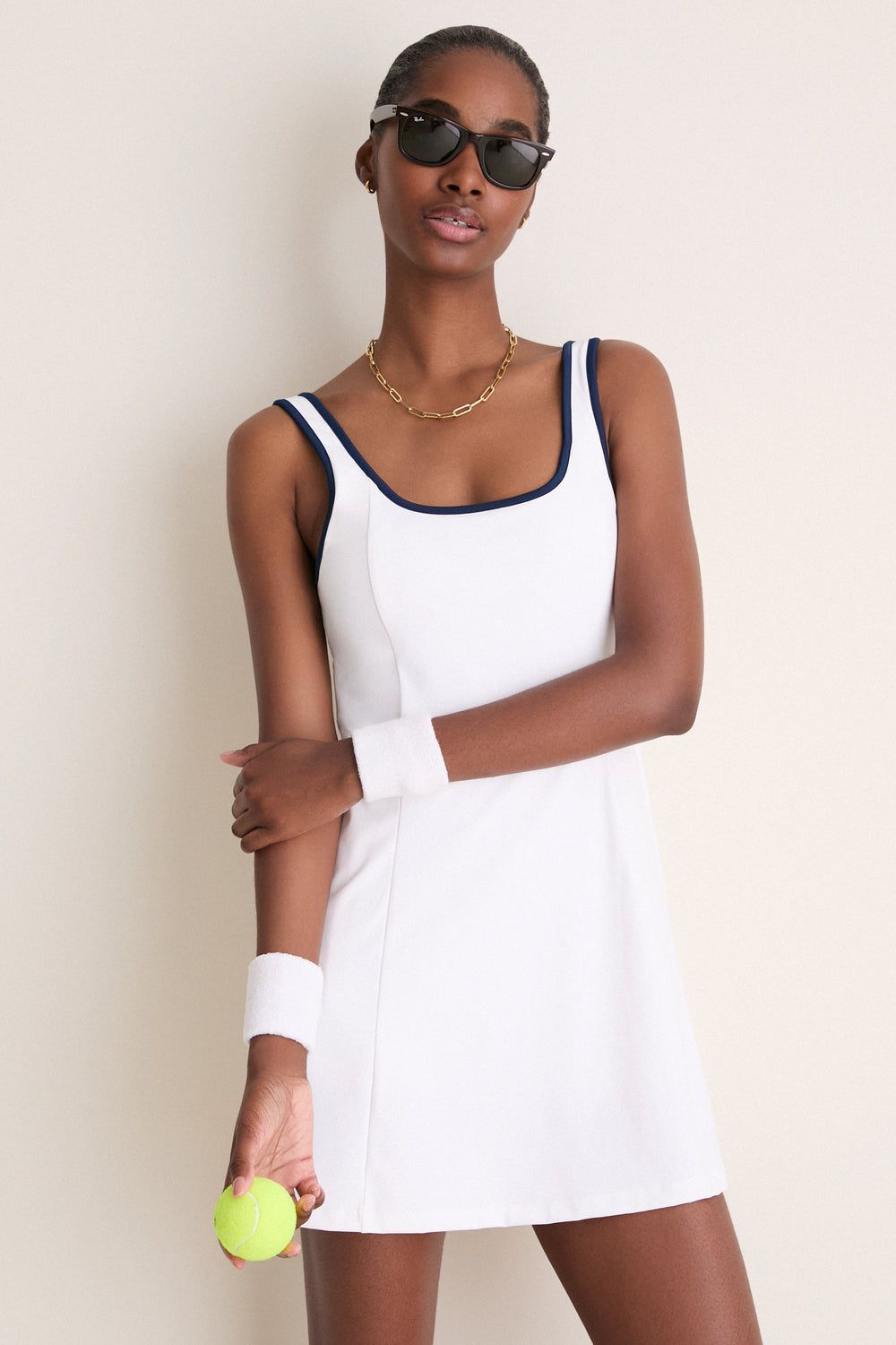 Not Visible White Tennis Dress with Navy Trim and Square Neckline — Tennis Dresses