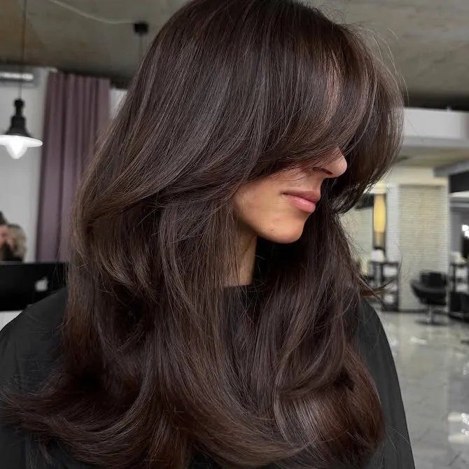 Mid-Back Blowout With Curtain Bangs — Dark Brown Hair