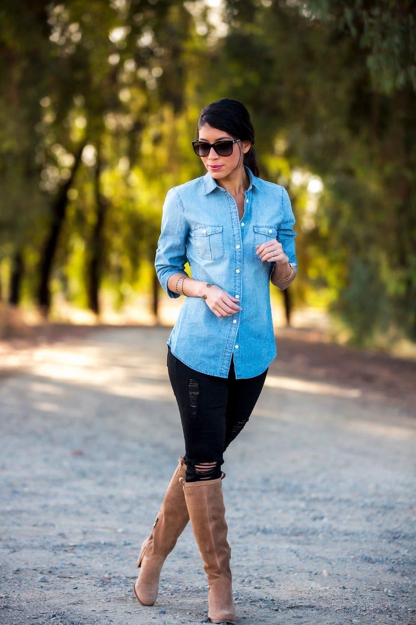 Denim Shirt with Distressed Skinny Jeans Denim Shirt with Distressed Skinny Jeans — Denim Shirt Outfits