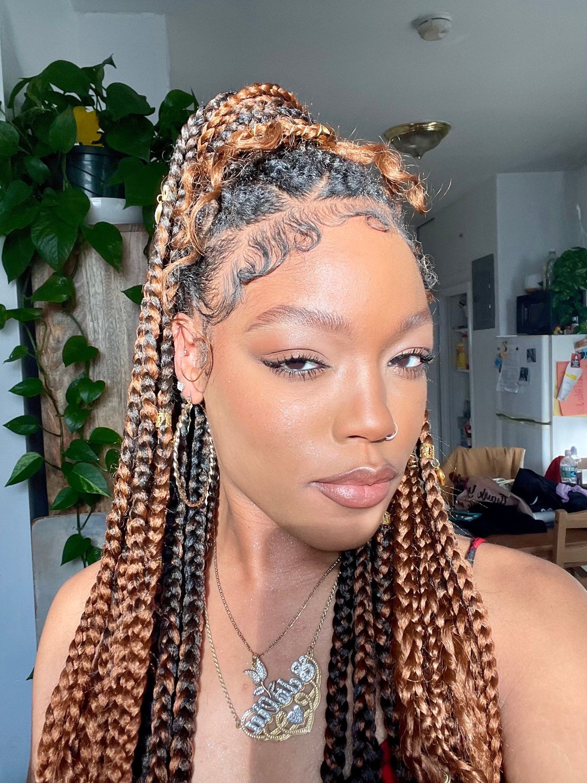 Black to Brown Ombre Box Braids with Face-Framing Curls — Two Tone Braids