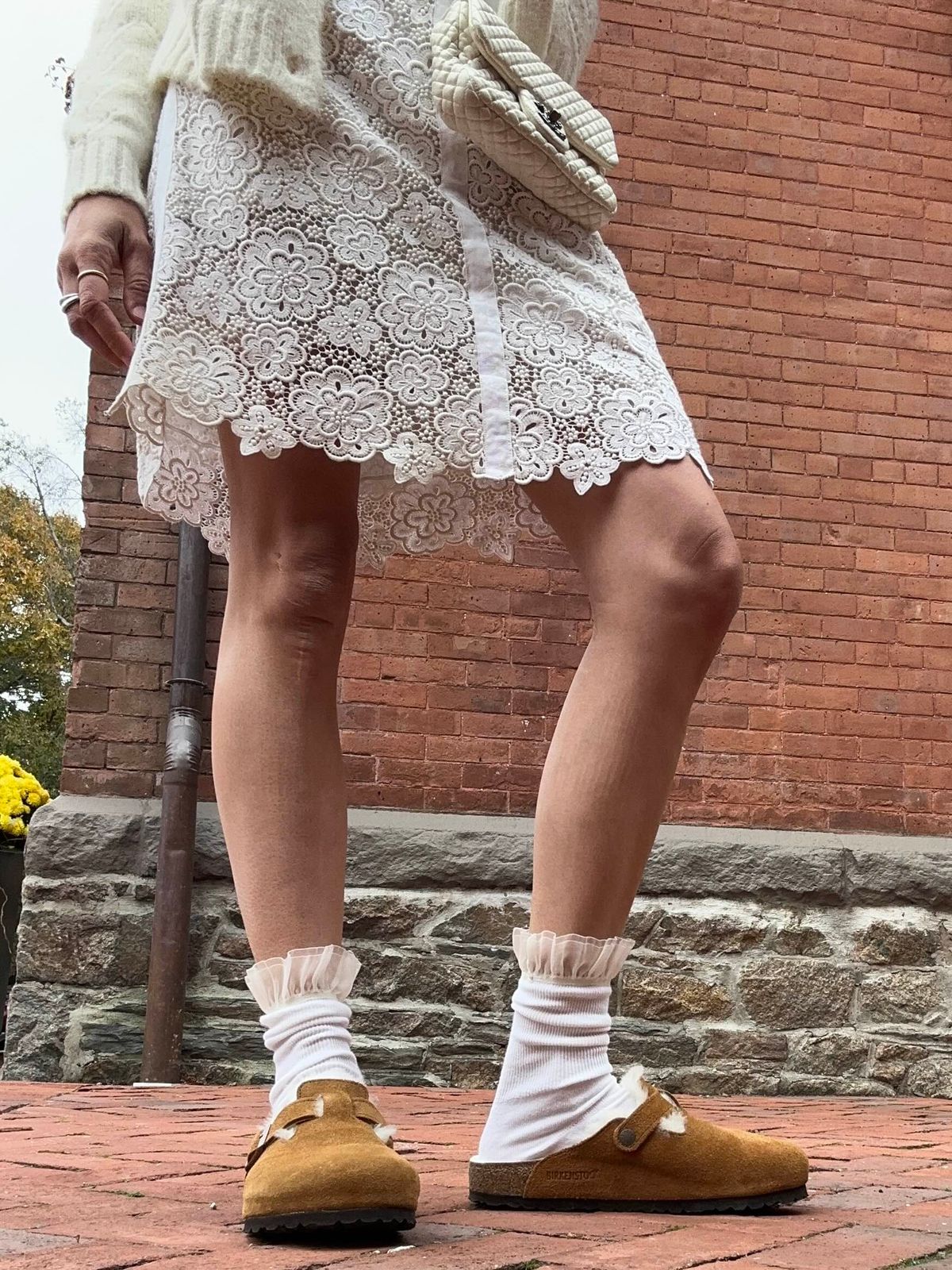 Cozy Charm: Lace Dress with Knit Cardigan and Ruffled Socks Cozy Charm: Lace Dress with Knit Cardigan and Ruffled Socks — Boston Outfits