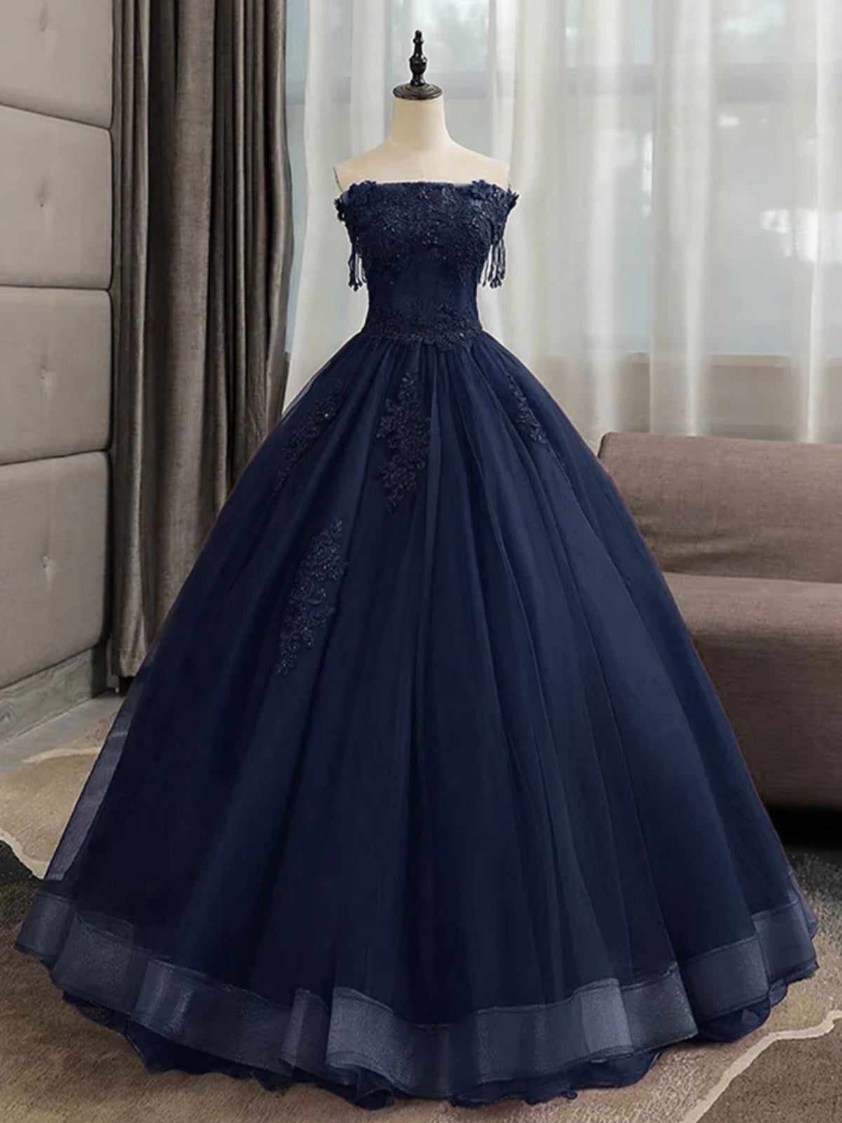 Sweet 16 Prom Formal Event Navy Blue Off-the-Shoulder Ball Gown with Detailed Lace Bodice — Sweet 16 Dresses