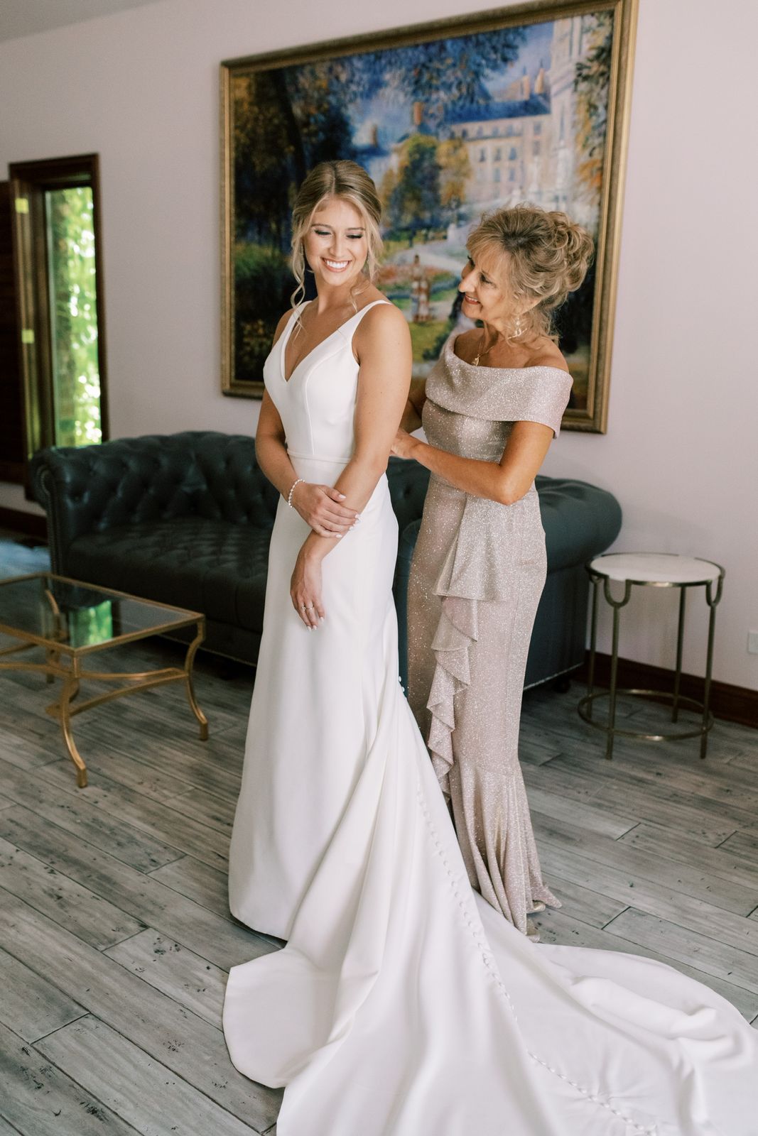 Rose Gold Off-the-Shoulder Sequined Gown with Ruffled Hem Rose Gold Off-the-Shoulder Sequined Gown with Ruffled Hem — Mother of the Bride Dresses