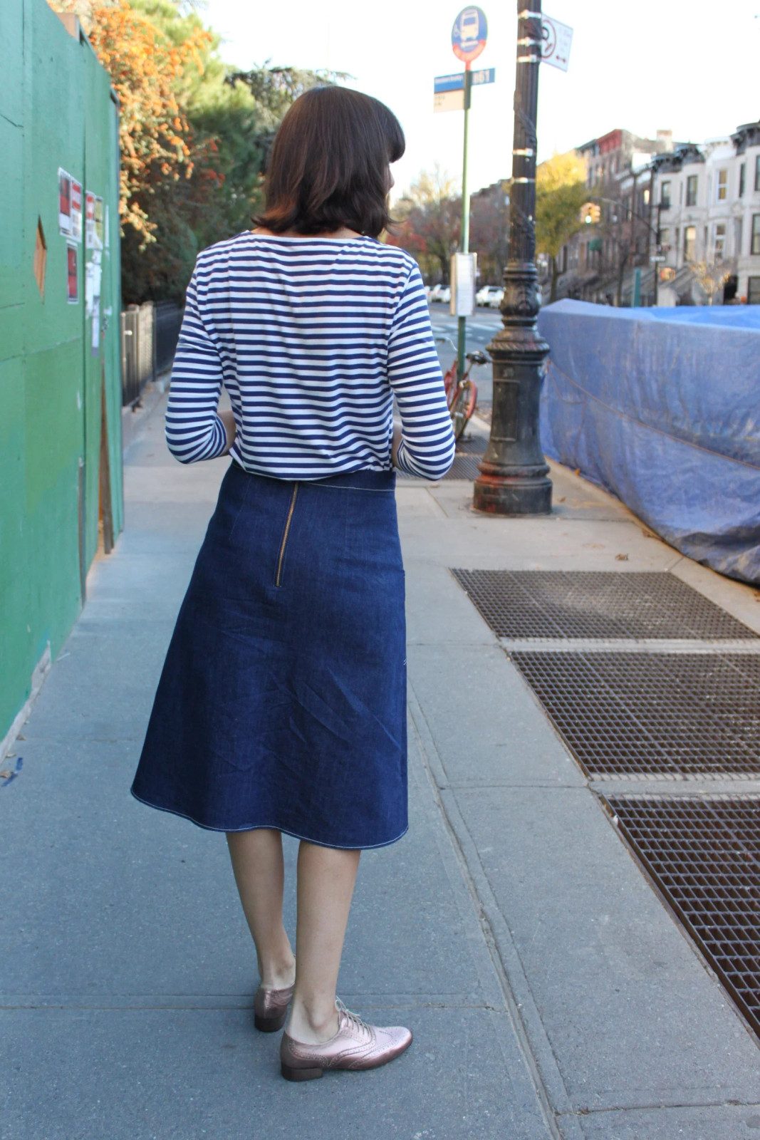 Casual Dark Blue Denim A-Line Skirt with Striped Top — A Line Skirts