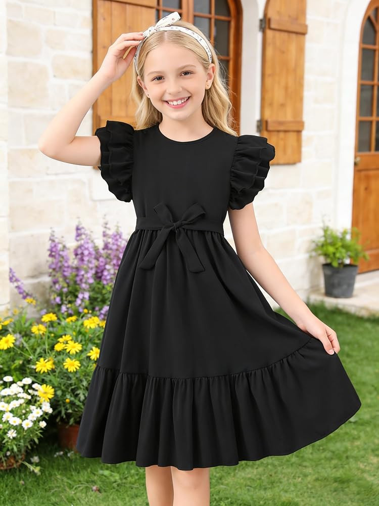 Black Mini Dress with Ruffled Sleeves and White Bow — Tween Dresses