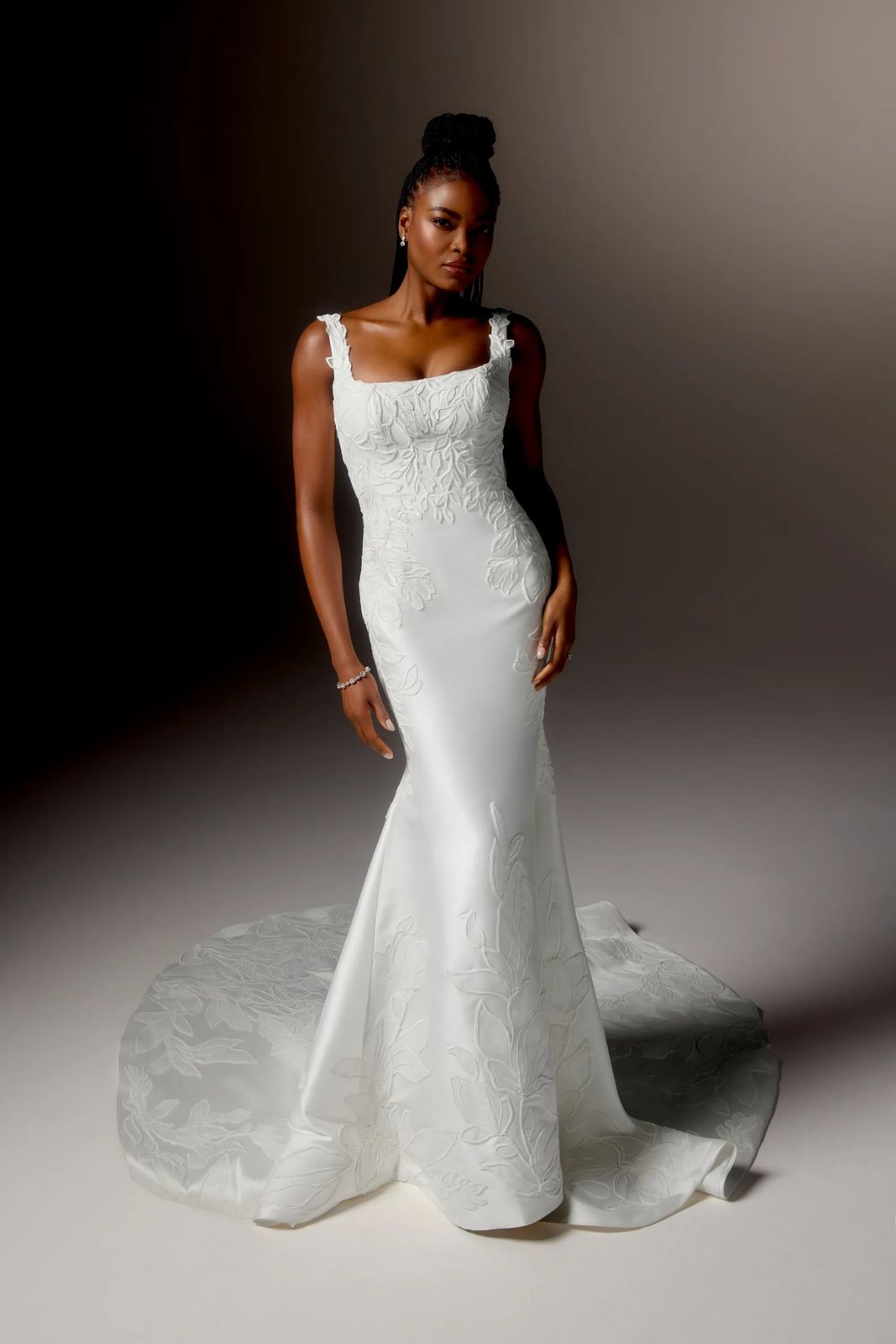 White Mermaid Wedding Dress with Floral Embroidery White Mermaid Wedding Dress with Floral Embroidery — Square Neck Dresses