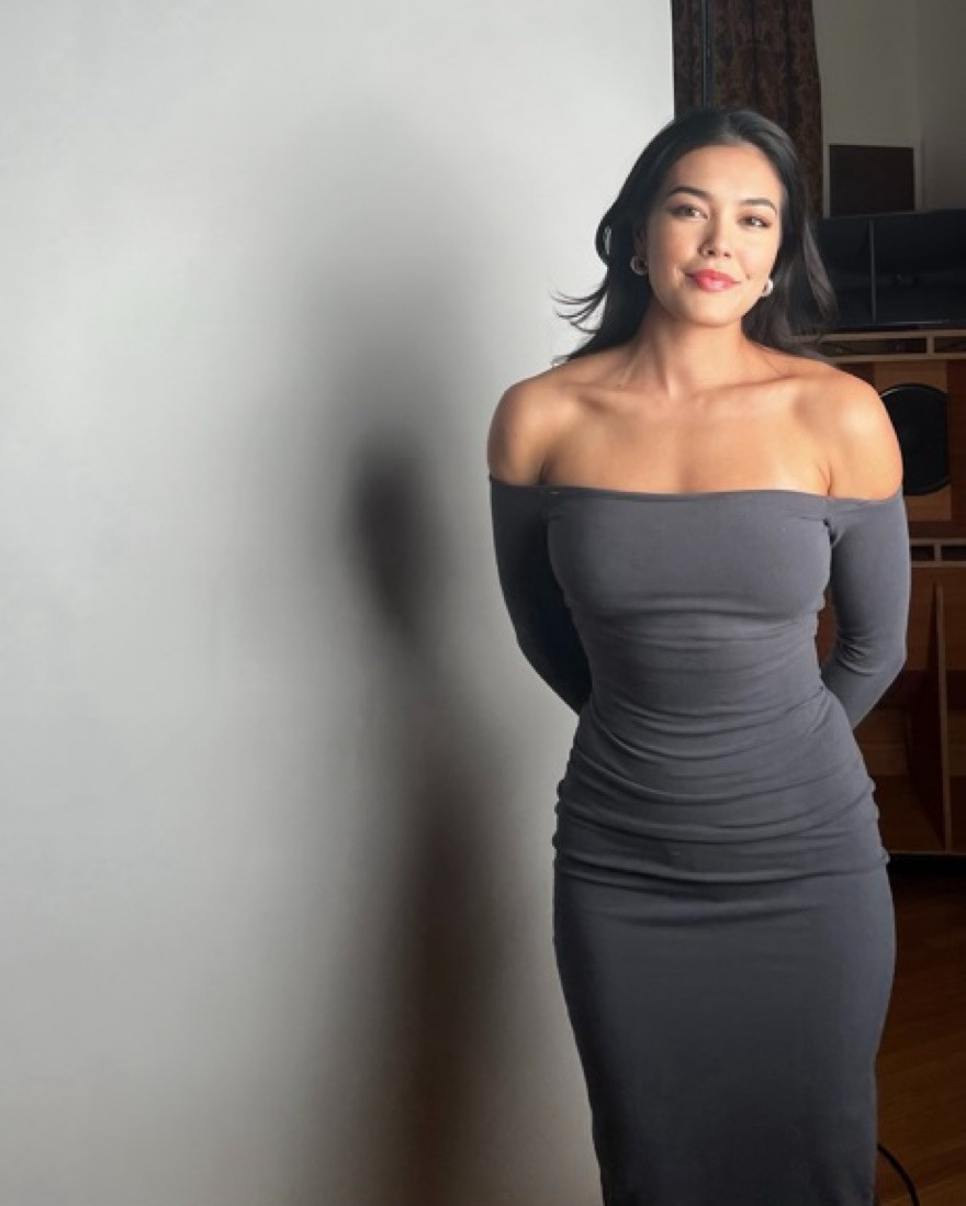 Sophisticated Evening: Gray Off-the-Shoulder Dress — Skims Outfits