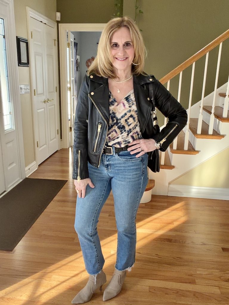 Leather Jacket and Patterned Camisole — Straight Leg Jeans Outfits