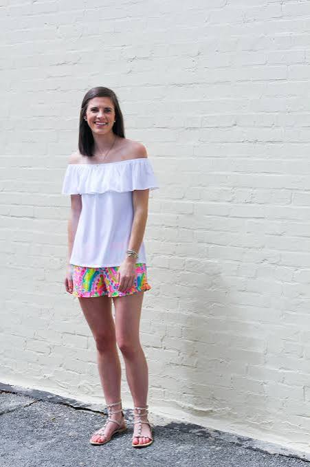 Relaxed White Off-the-Shoulder Top with Colorful Printed Shorts Relaxed White Off-the-Shoulder Top with Colorful Printed Shorts — Graduation Party Outfits