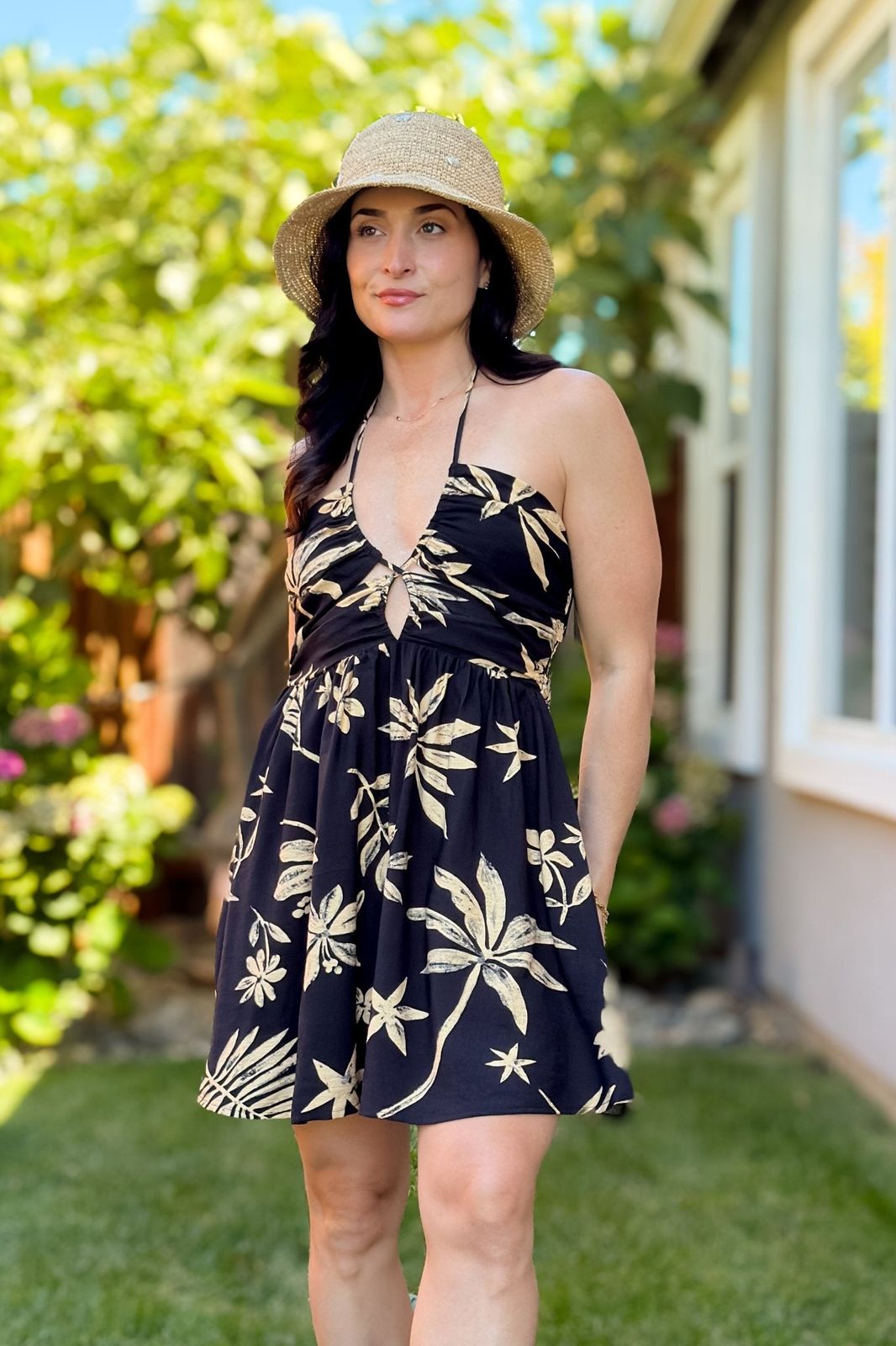 Black Halter Neck Mini Dress with Floral Print — Garden Party Outfits