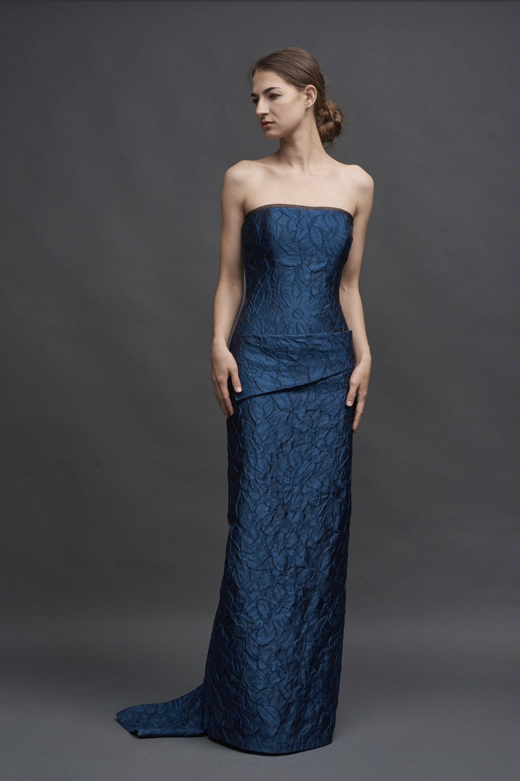 Deep Blue Strapless Jacquard Gown with Column Silhouette — Strapless Dresses