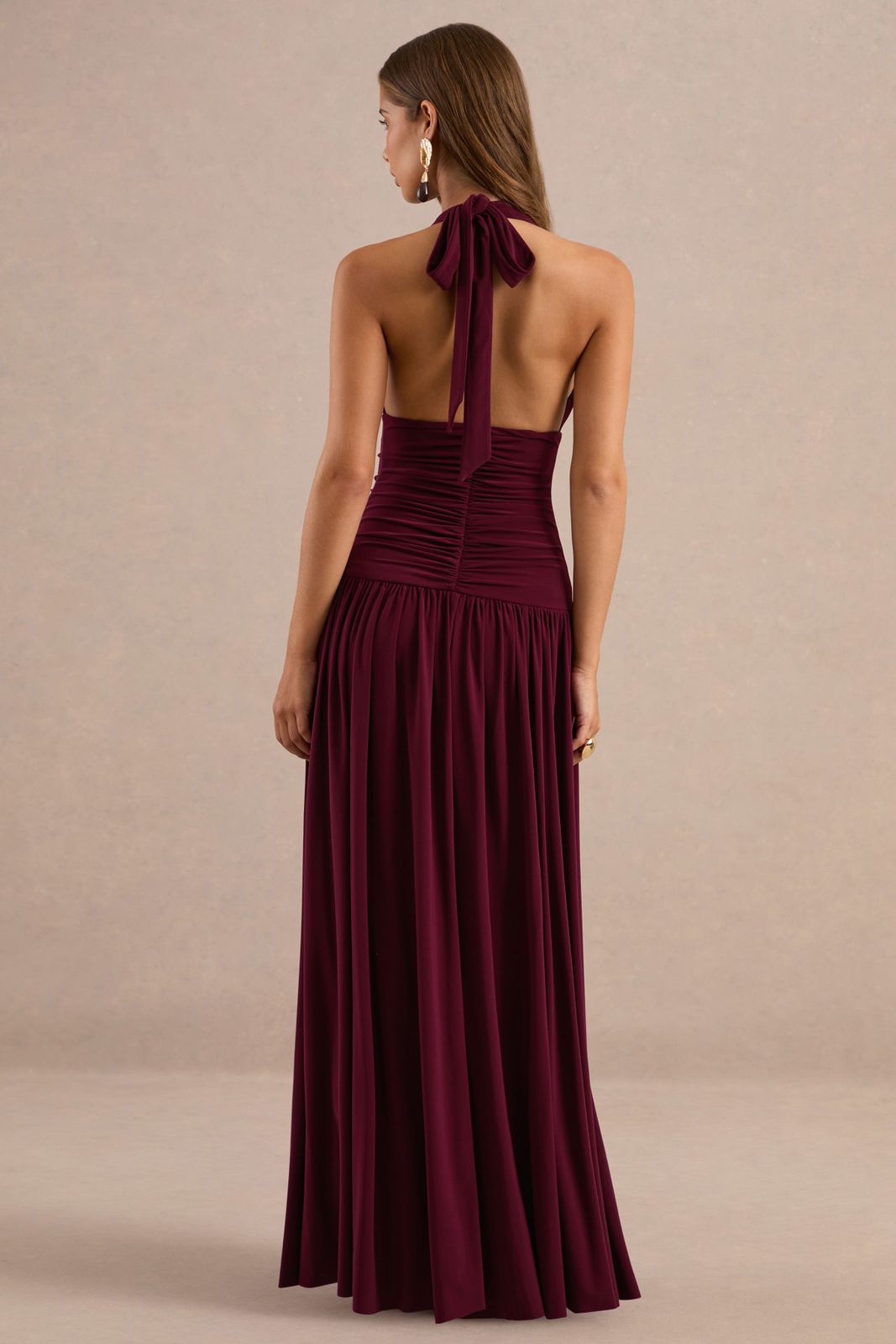 Burgundy Halter Maxi with Ruched Bodice Burgundy Halter Maxi with Ruched Bodice — Backless Dresses