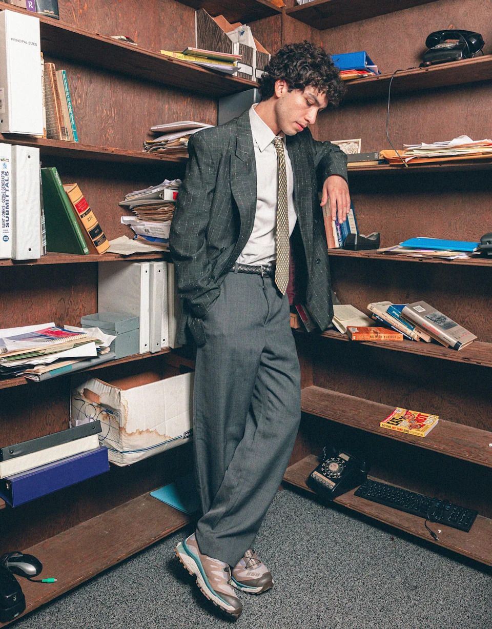 Suited Contrast: Pinstripe Suit with Grey and Pink Salomon Sneakers Suited Contrast: Pinstripe Suit with Grey and Pink Salomon Sneakers — Salomon Outfits