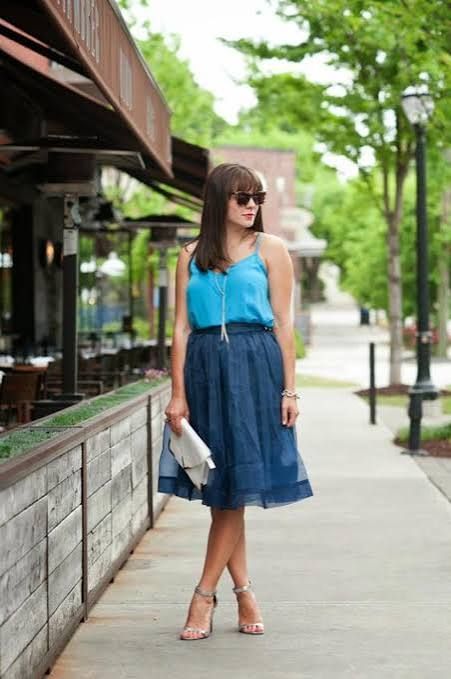 Smart Casual Polish: Blue Tulle Skirt with Sleeveless Blouse — Tulle Skirt Outfits