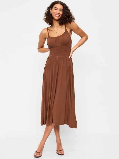 Casual Brown Smocked Bodice Midi Dress Casual Brown Smocked Bodice Midi Dress — Fit and Flare Dresses