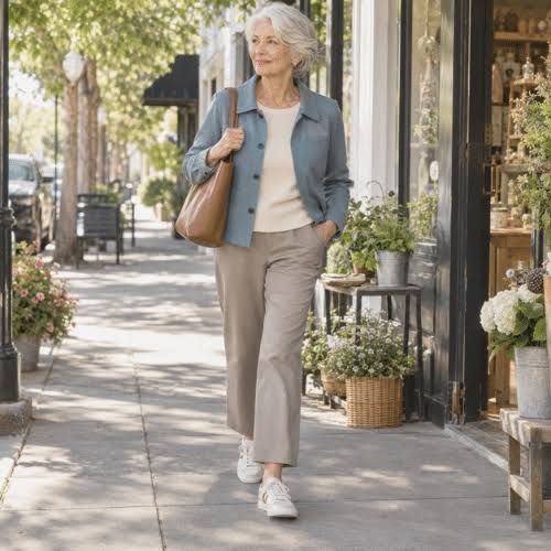 Chic Daytime Casual: Light Blue Blazer with Beige Trousers — Grandma Outfits