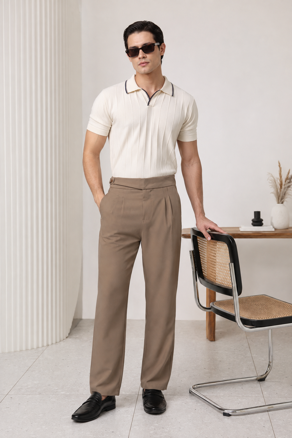 Black Leather Loafers Contrast Collar Knit Polo and Wide Trousers for Warm Casual Black Leather Loafers Contrast Collar Knit Polo and Wide Trousers for Warm Casual — Old Money Outfits for Men