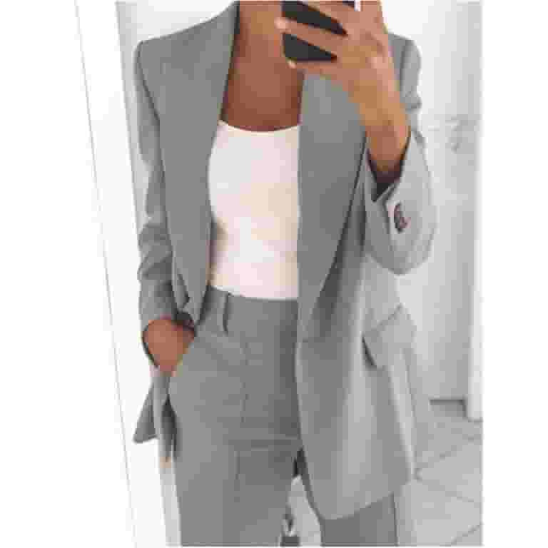 Relaxed Grey Suit with Crop Top and Sneakers — Dressy Casual Outfits