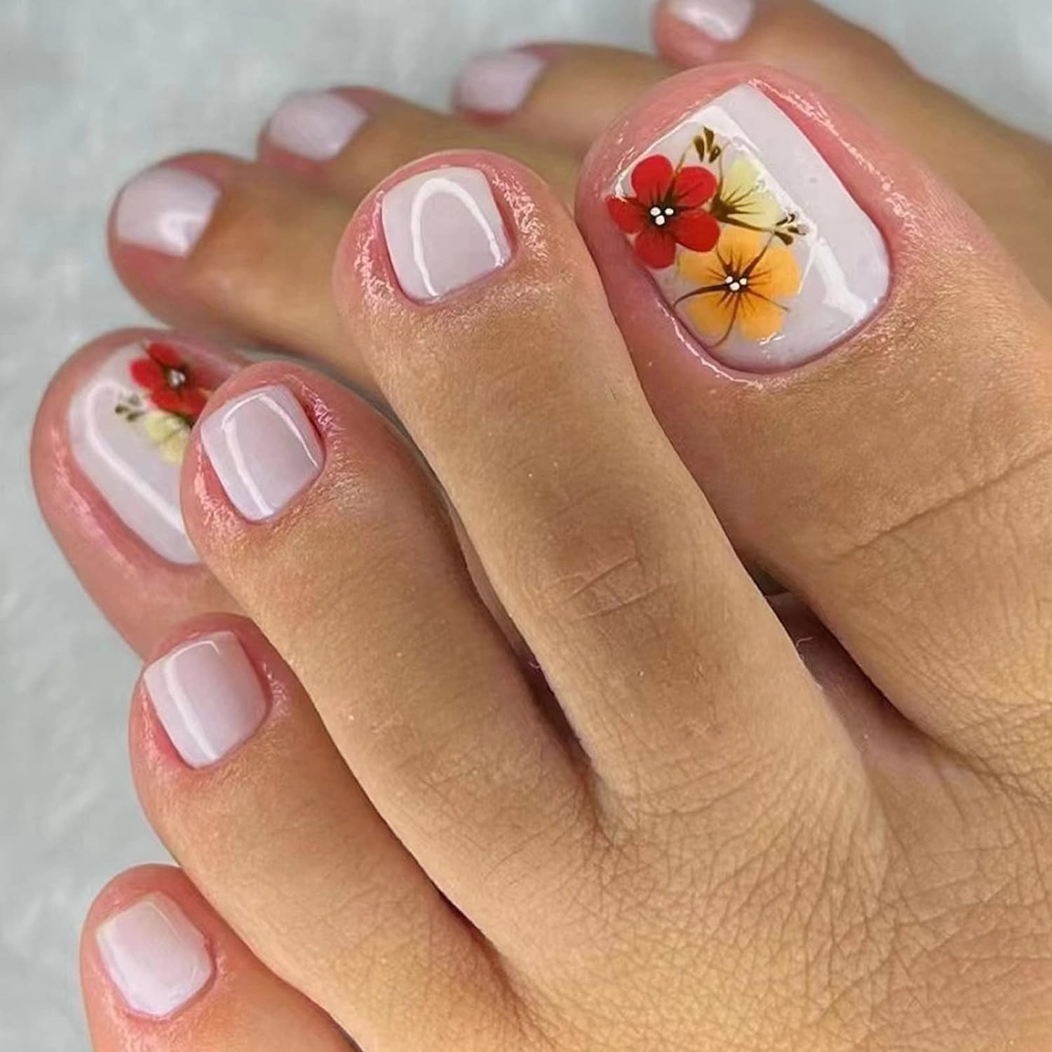 Off White Vibrant Floral Toenails Off White Vibrant Floral Toenails — Acrylic Toe Nails