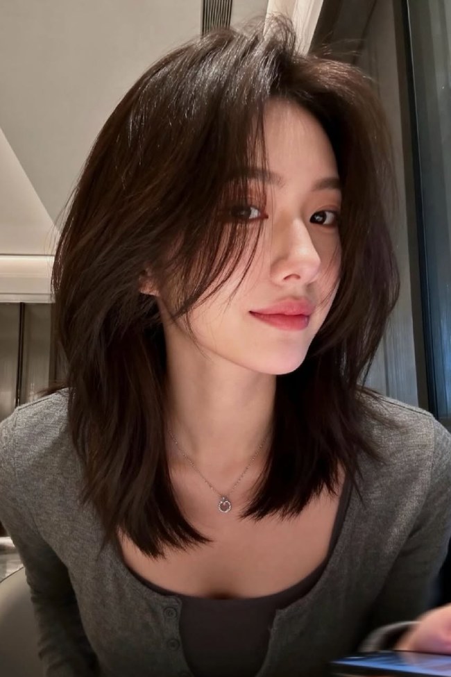 Dark Brown Layered Lob Air Dried Dark Brown Layered Lob Air Dried — Medium Length Layered Hair