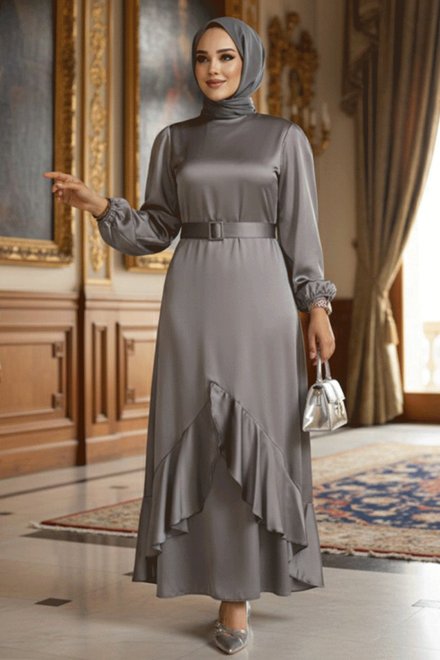 Grey Satin Long-Sleeved Dress With Ruffled Hem — Formal Hijab Outfits