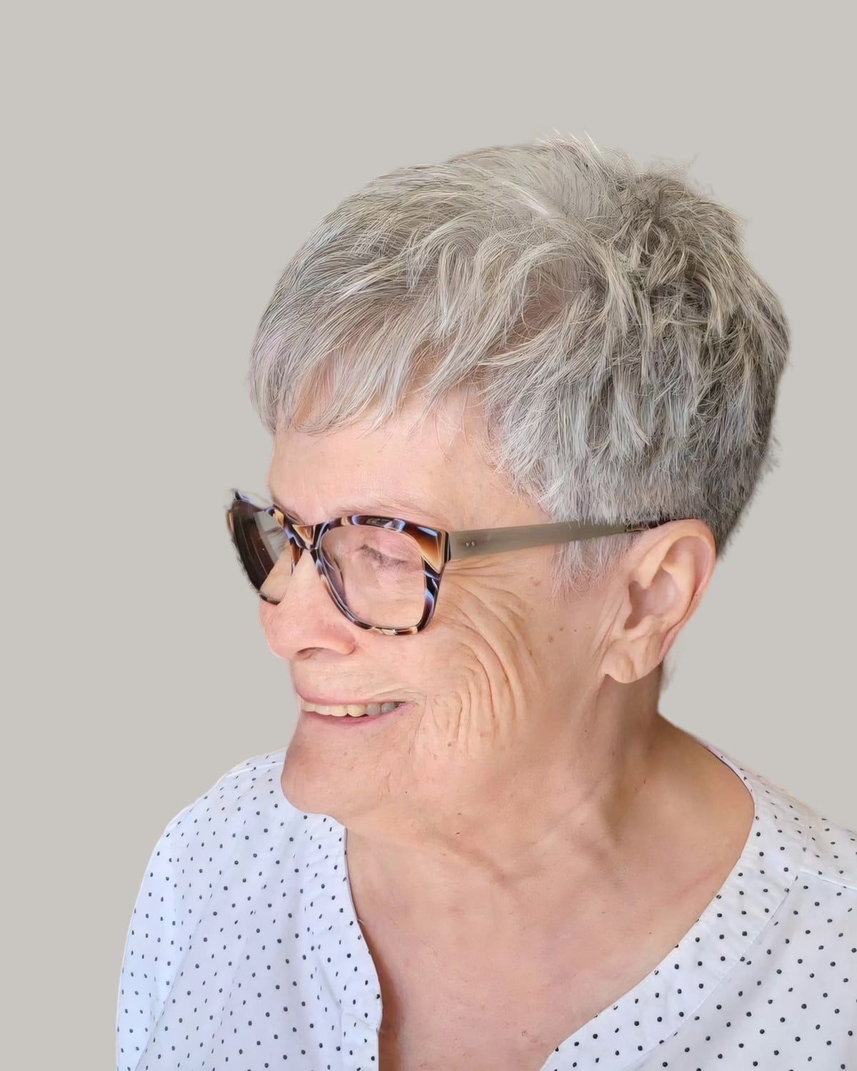 Textured Silver Short Layered Cut Textured Silver Short Layered Cut — Haircuts for Women Over 60 with Glasses