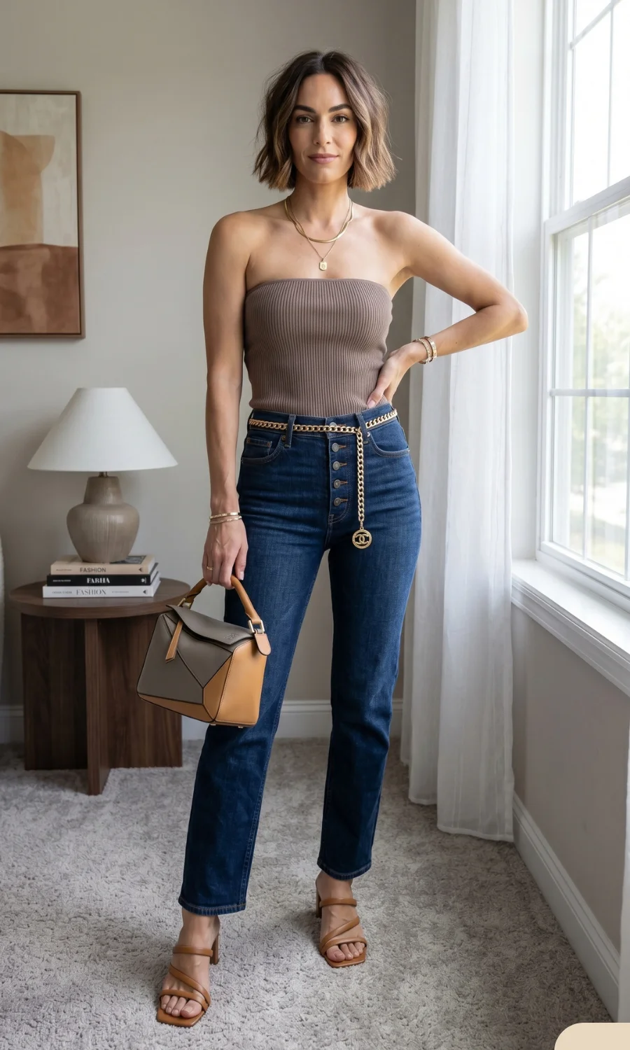 Elevated Basics: Dark Wash Jeans with Strapless Top and Chain Belt — Straight Leg Jeans