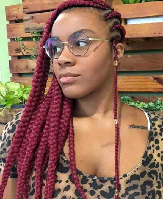 Bold Burgundy Shoulder-Length Box Braids with Side Part — Burgundy Braids