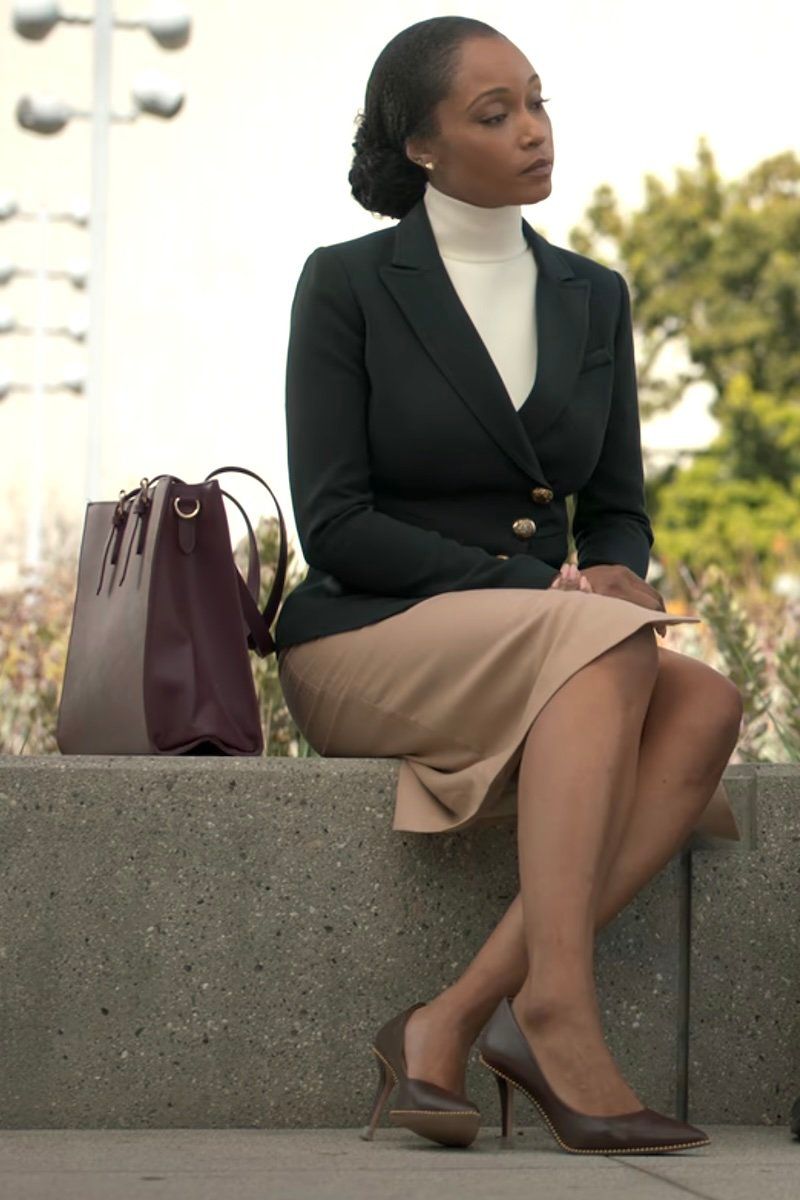 Dark Green Blazer with Cream Turtleneck and Tan Pencil Skirt Dark Green Blazer with Cream Turtleneck and Tan Pencil Skirt — Lawyer Outfits