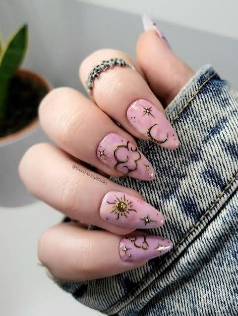 Glossy With Metallic Foil Visual Idea Glossy With Metallic Foil Visual Idea — Moon and Stars Nails