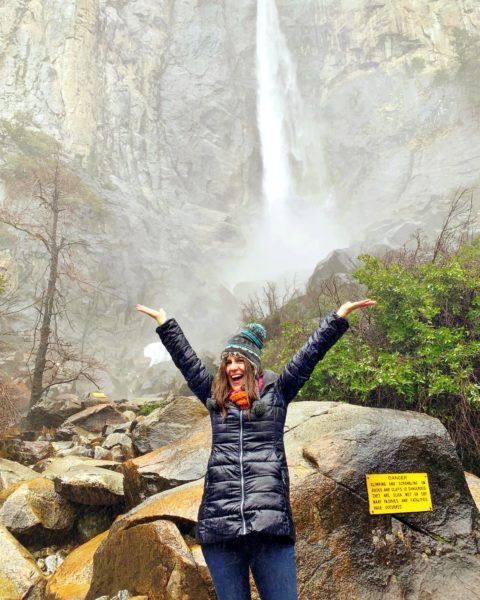 Yosemite Waterfall View: Puffer Coat, Jeans, and Orange Scarf Yosemite Waterfall View: Puffer Coat, Jeans, and Orange Scarf — Yosemite Outfits