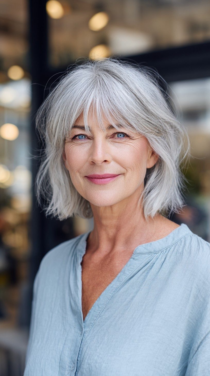 Shoulder Length Shag With Curtain Bangs — Gray Hair with Bangs