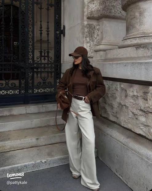 Casual Brown Jacket with Beige Pants and Baseball Cap — Brown Outfits