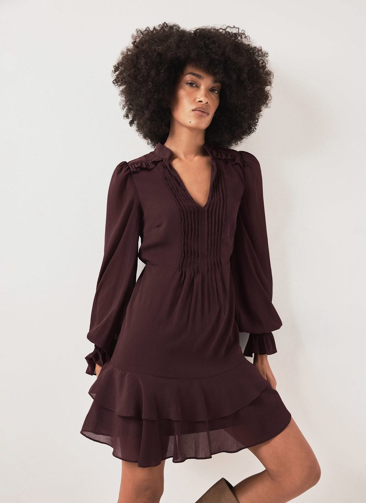 Dark Plum Chiffon Mini Dress with Tiered Ruffled Hem Dark Plum Chiffon Mini Dress with Tiered Ruffled Hem — Ruffle Dresses