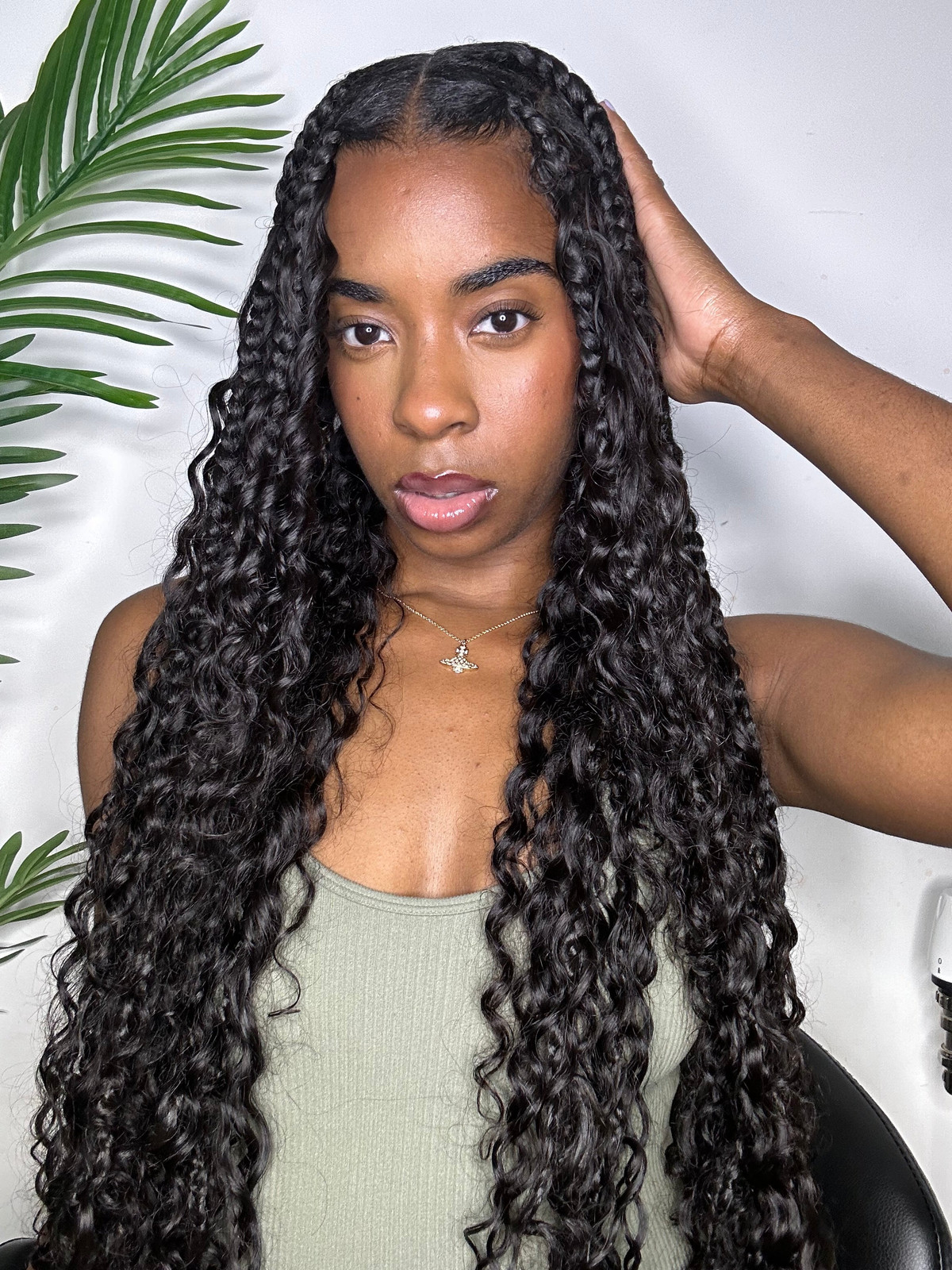Front View Long Black Knotless Braids with Deep Defined Curls — Knotless Braids with Curls