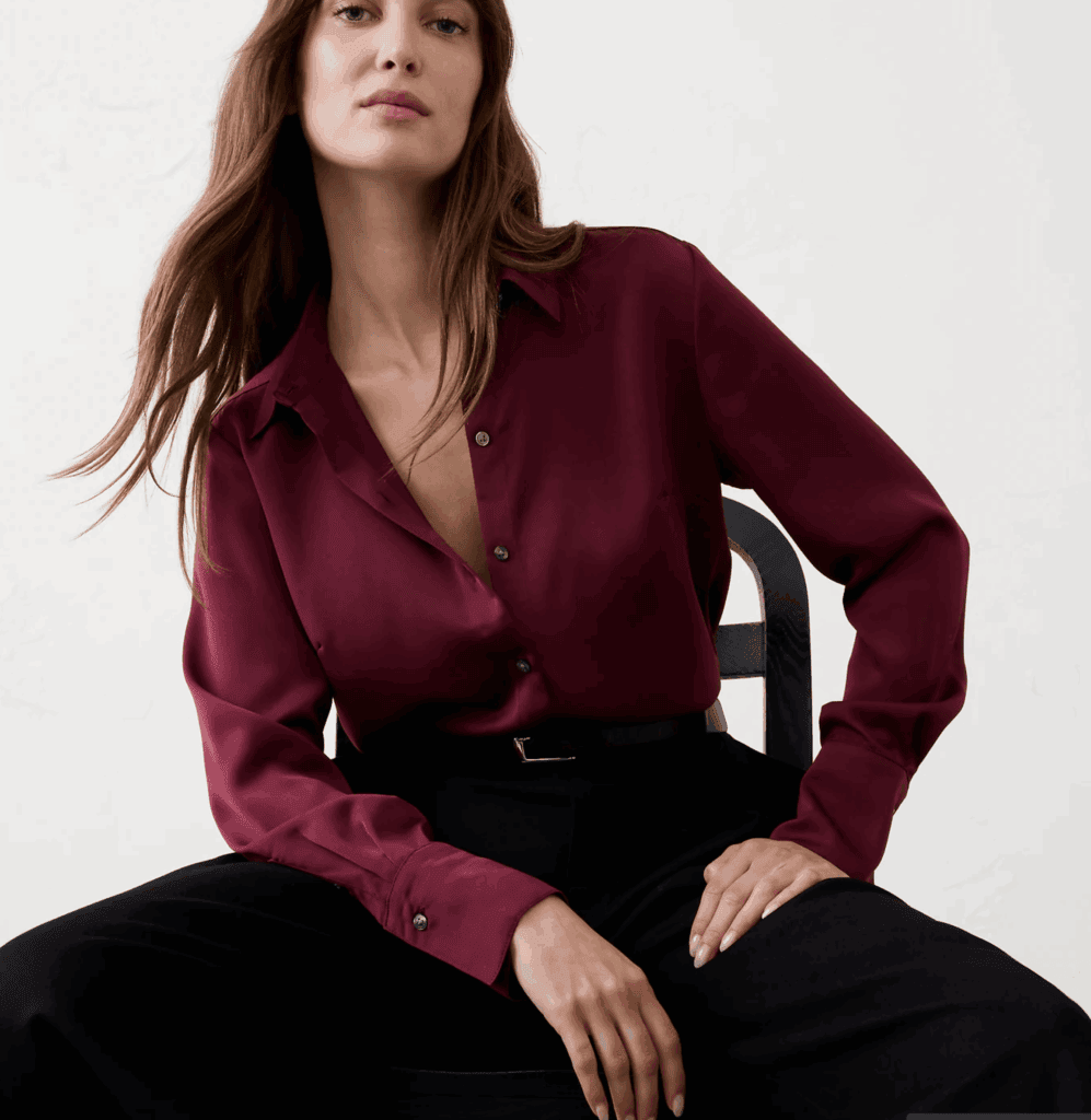 Burgundy Silk Button-Up with Black Trousers for Sophistication Burgundy Silk Button-Up with Black Trousers for Sophistication — Button Up Shirt Outfits