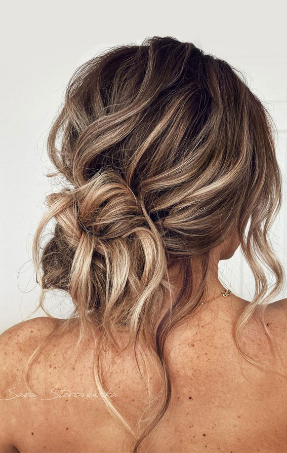 Dark Blonde With Highlights Visual Idea — Messy Low Bun