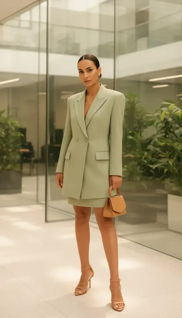 Pale Green Blazer Dress with Structured Handbag Pale Green Blazer Dress with Structured Handbag — Corporate Baddie Outfits
