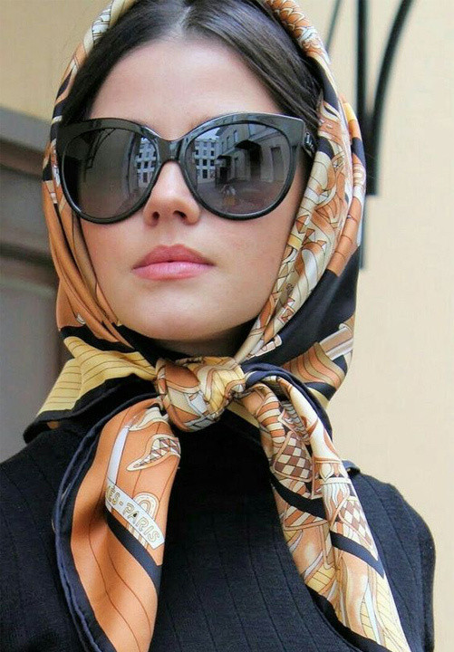Formal Elegance: Ornate Silk Headscarf with Black Top — Headscarf Outfits