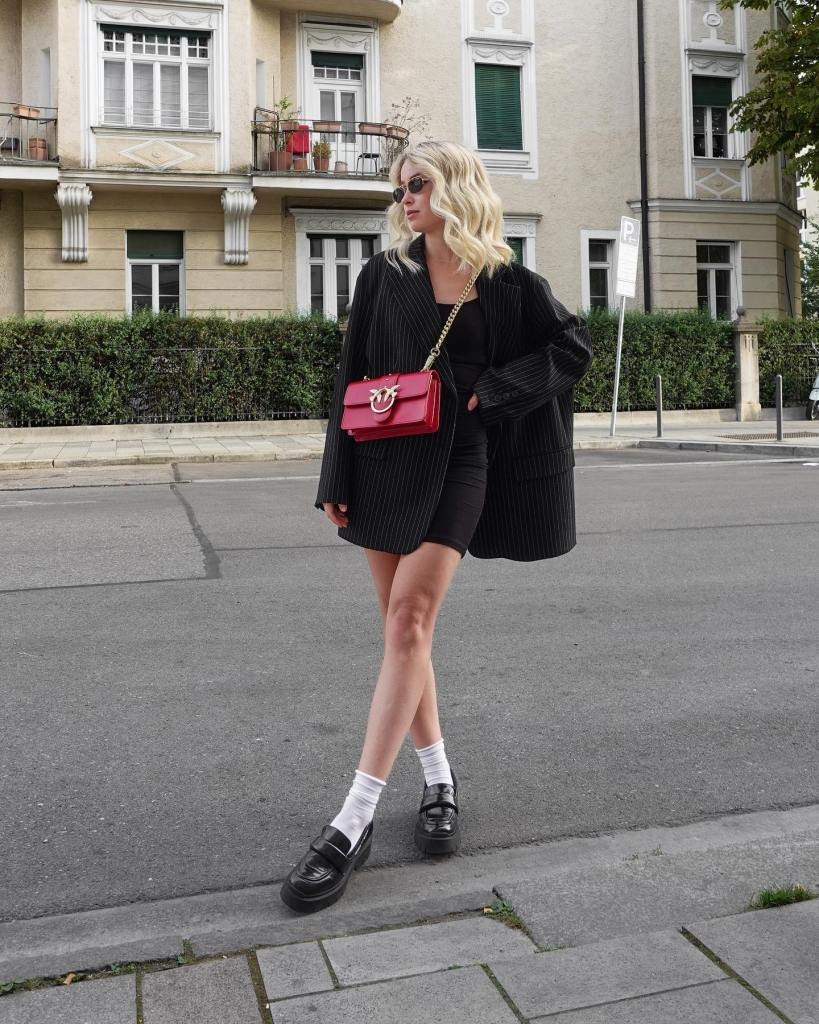 Pinstripe Blazer, Slip Dress, Platform Loafers and Red Bag — Loafers with Dress Outfits